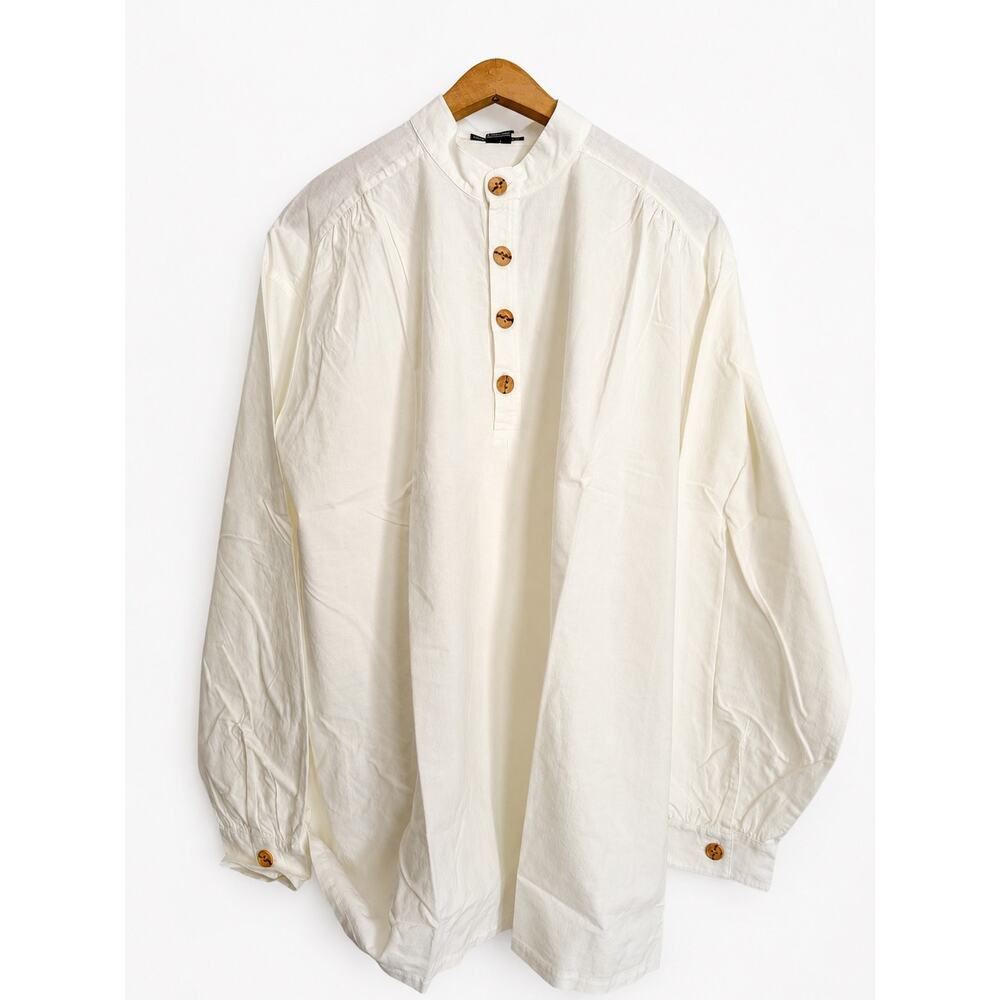 Vtg J Peterman Poet Shirt Grandad Collar White Cotton Pullover L Hong Kong NOS